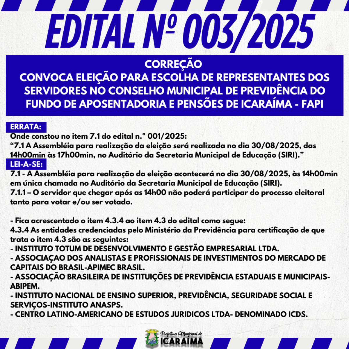 EDITAL Nº 003/2025 – Correção.